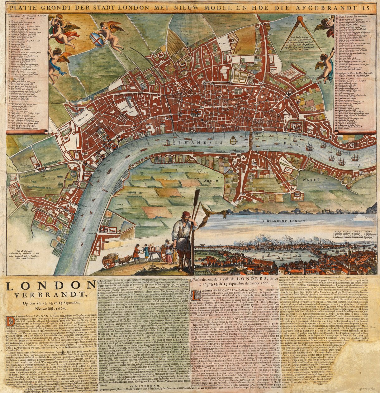 Holenderska mapa przedstawiająca obszary zniszczone przez Wielki Pożar Londynu autorstwa Unknown artist