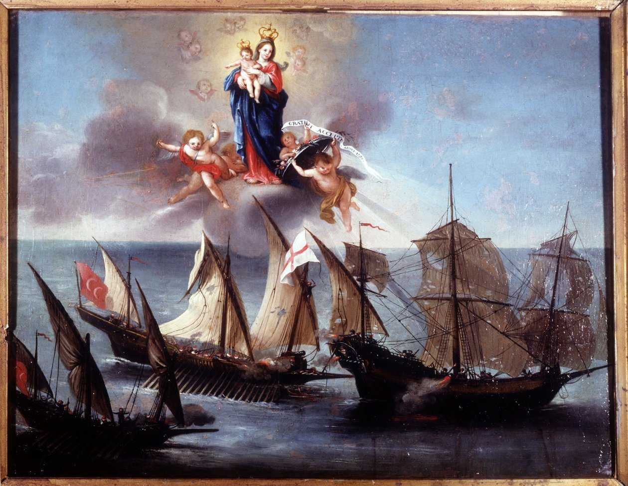 Łódź Genui zaatakowana przez galiota i barbarzyńską półgalerę. Ex-voto 1796. Muzeum Marynarki Wojennej Genui-Pegli. autorstwa Unknown artist