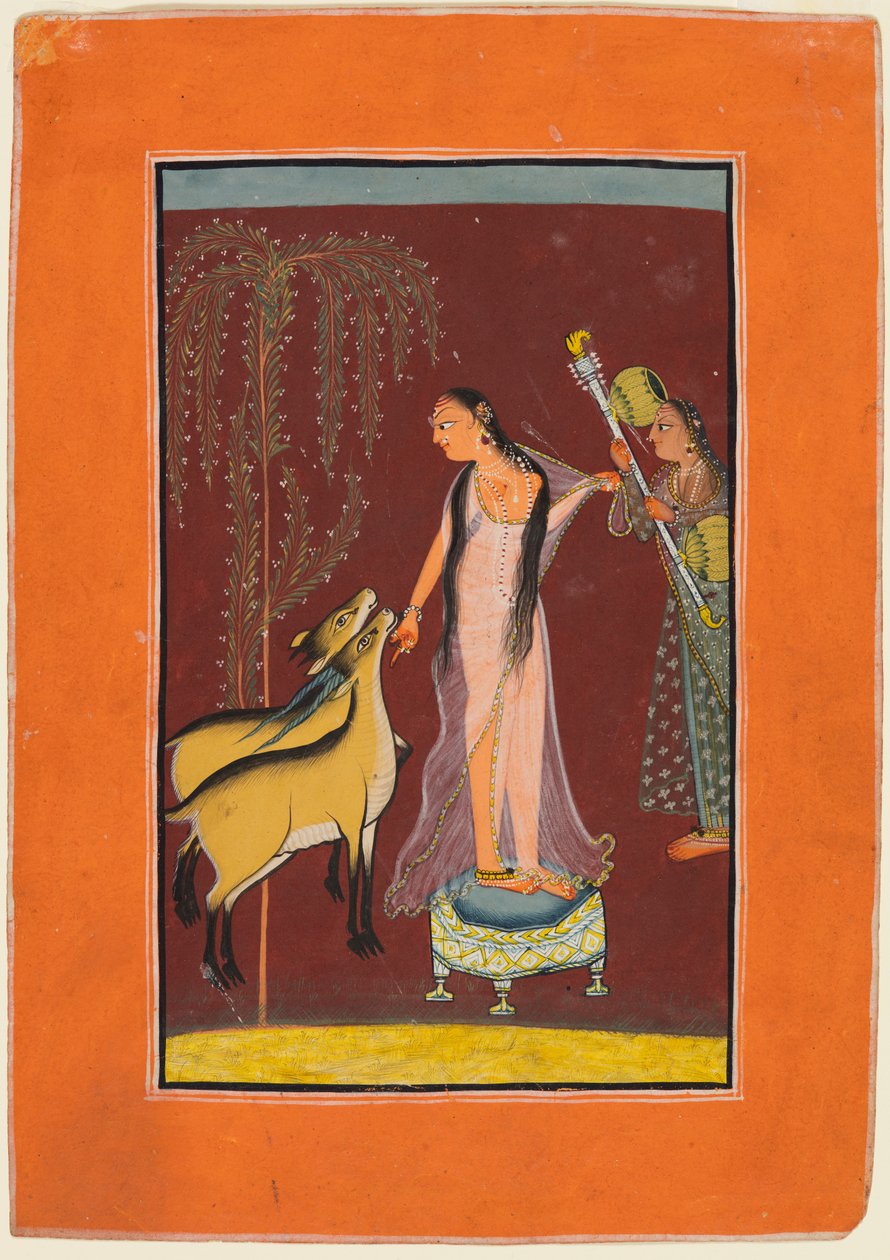 Dama z opiekunem i parą jeleni: prawdopodobnie Gujari Ragini z Dipak, z Pahari Ragamala autorstwa Unknown artist