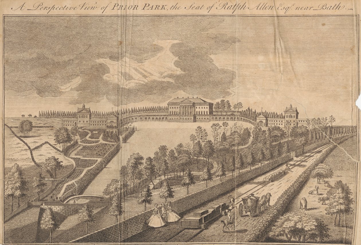 Perspektywiczny widok Prior Park, siedziba Ralpha Allena Esq. niedaleko Bath autorstwa Unknown artist