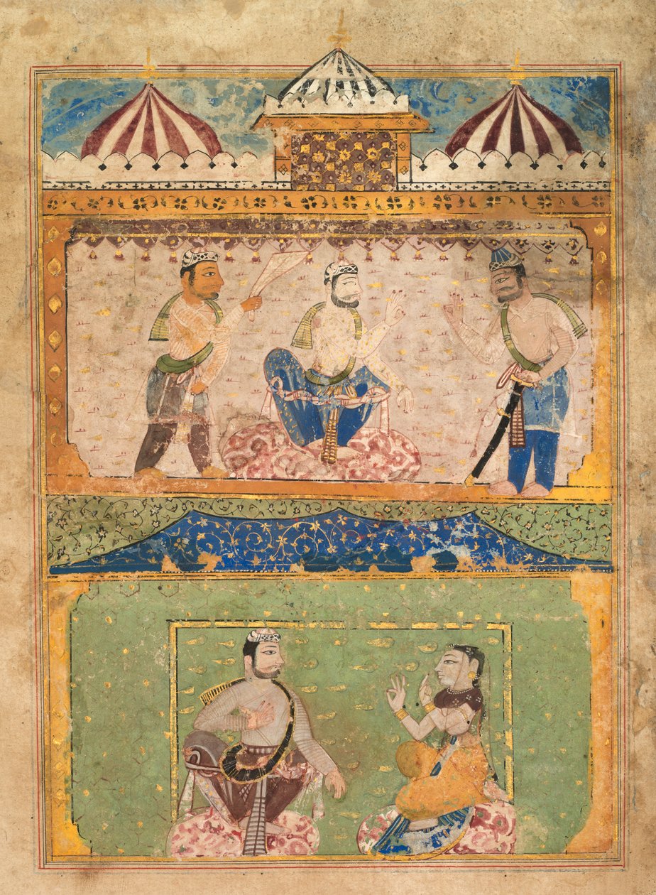 Podróżnik przekonuje Lorika do powrotu do domu (na górze); Obiekty Chanda (na dole), z Chandayany (Historia Chandy) autorstwa Unknown artist