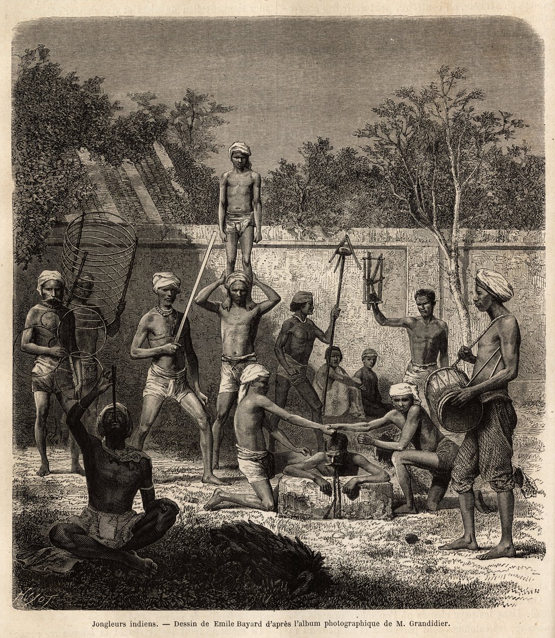 Grupa indyjskich żonglerów. Rycina ilustrująca podróż w południkowe prowincje Indii, autorstwa Alfreda Grandidiera, w latach 1862-1864, opublikowana w „”le tour du monde””, pod kierunkiem D