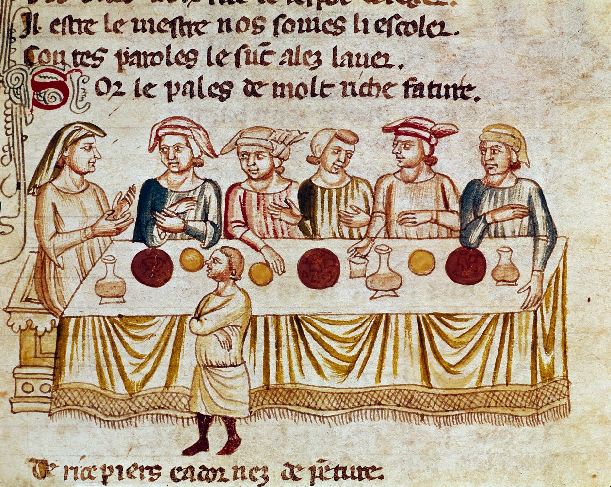 Scena bankietowa: król i jego goście Miniatura z „”Przyjazd Hiszpanii””. Wenecja z XIV wieku, Biblioteca Marciana. autorstwa Unknown artist