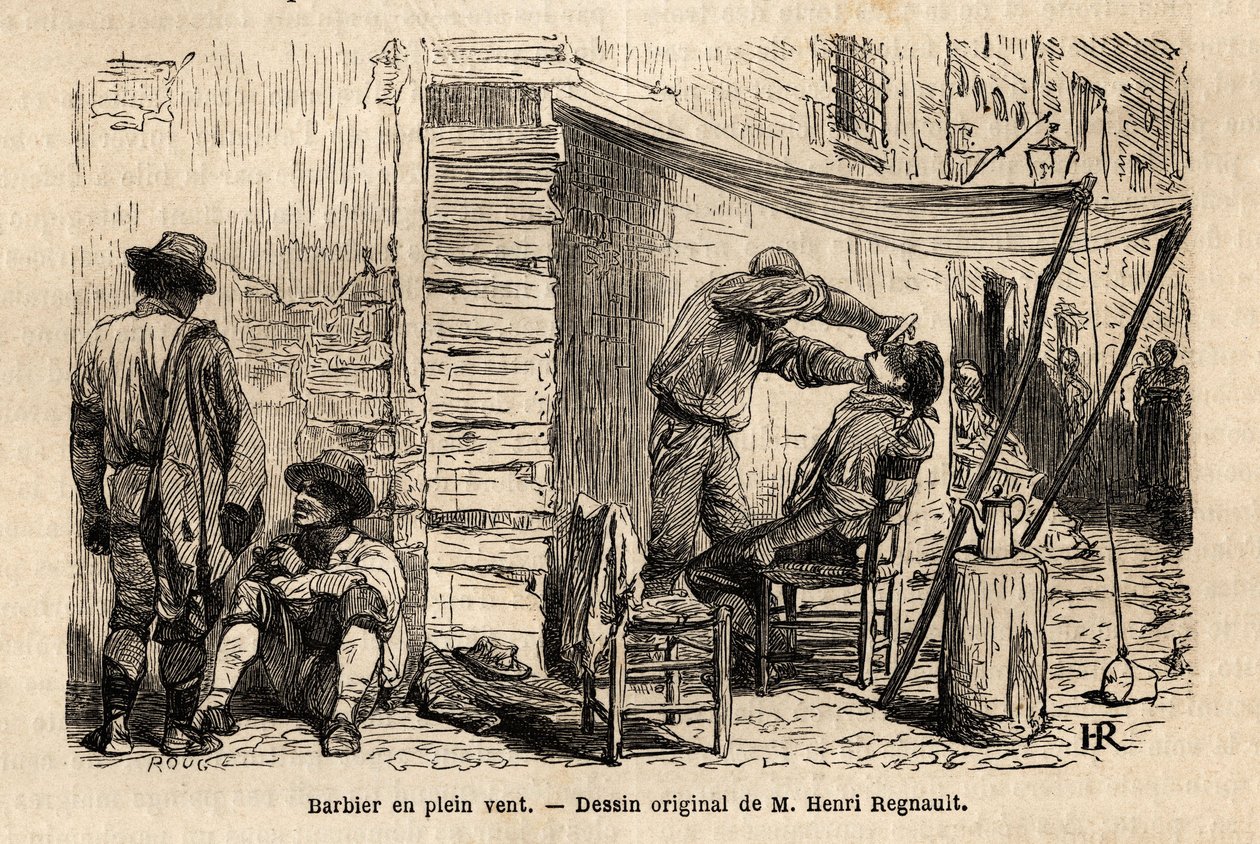 Fryzjer na wietrze na ulicach Rzymu. Rycina ilustrująca podróż do Rzymu, autorstwa Francisa Weya, w latach 1864-1868, opublikowana w „Le tour du monde, nouveau journal des voyages”, pod kierunkiem Edouarda Chartona autorstwa Unknown artist