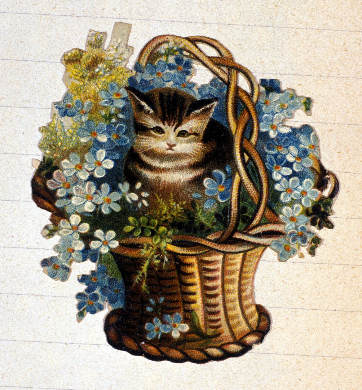 Kot w koszu kwiatów. XIX-wieczna chromolitografia. autorstwa Unknown artist
