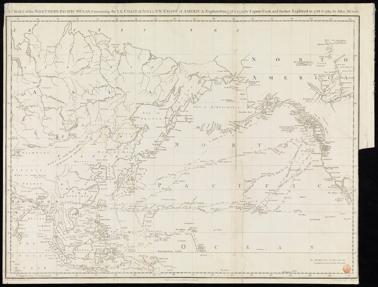 A chart of the Northern Pacific Ocean containing the NE coast of Asia  NW coast of America explored in 1778  1779 by Captain Cook and further explored in 1788  1789 by John Meares (druk) autorstwa Unknown artist