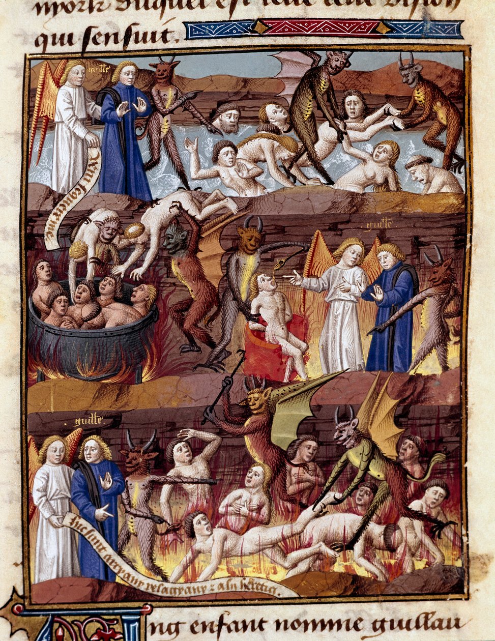 Dziecko o imieniu Guillaume obserwuje udręki przeklętych w Enfer Miniature w „”Le miroir historyl”” (Speculum Historiale) (ms. 1196 fol. 408 r.) Vincenta de Beauvais (1190-1264) w przekładzie na język francuski Jeana de Vignay autorstwa Unknown artist