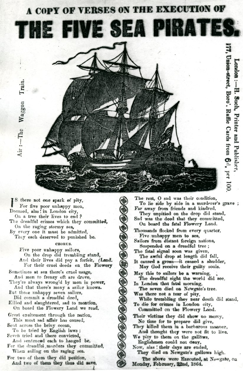 Kopia wersetów o egzekucji pięciu morskich piratów, ok. 1864 r. autorstwa Unknown artist