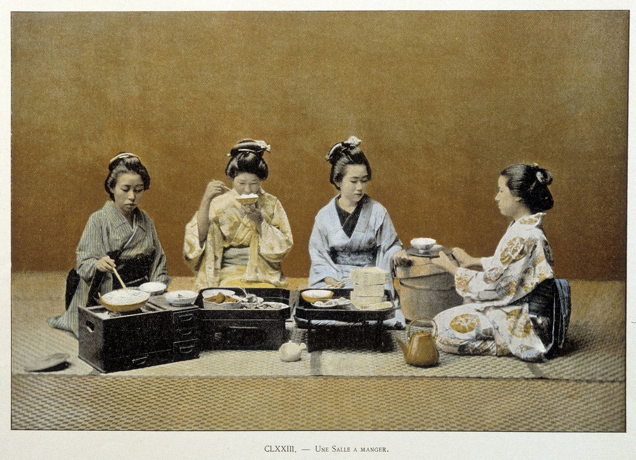 Jadalnia w Japonii: kobiety jedzące ryż pałeczkami i jedna z nich podająca herbatę - b.d. koniec XIX wieku autorstwa Unknown artist