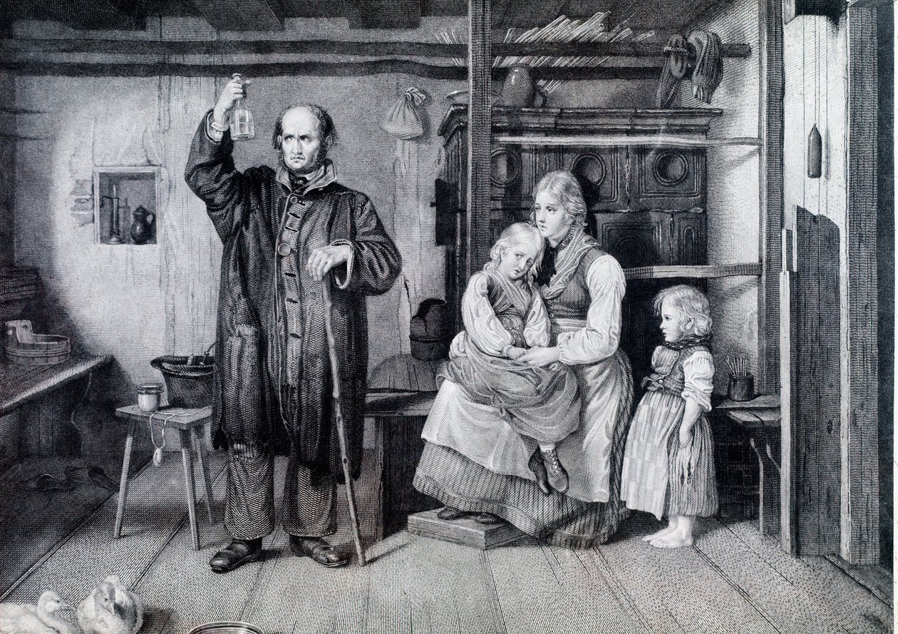 Lekarz badający butelkę, prawdopodobnie fiolkę na mocz, podczas wizyty u matki i jej dwójki dzieci żyjących w biedzie (rycina) autorstwa Unknown artist