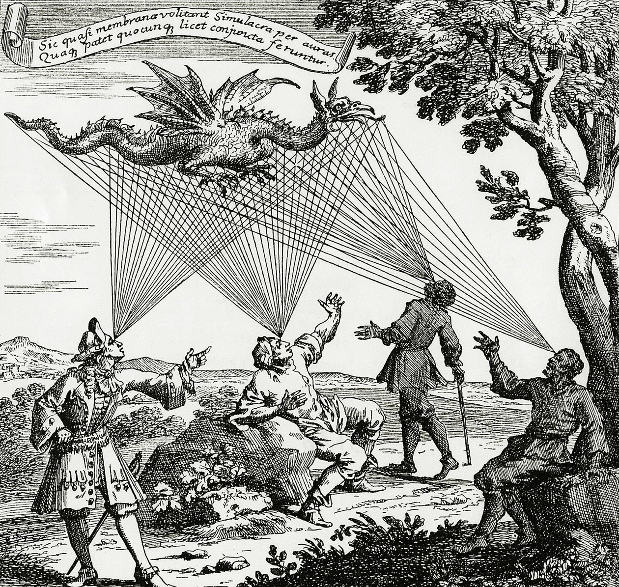 Smok widziany pod różnymi kątami, na podstawie miedziorytu przedstawiającego „Oculus artificialis teledioptricus” Zahna. autorstwa Unknown artist