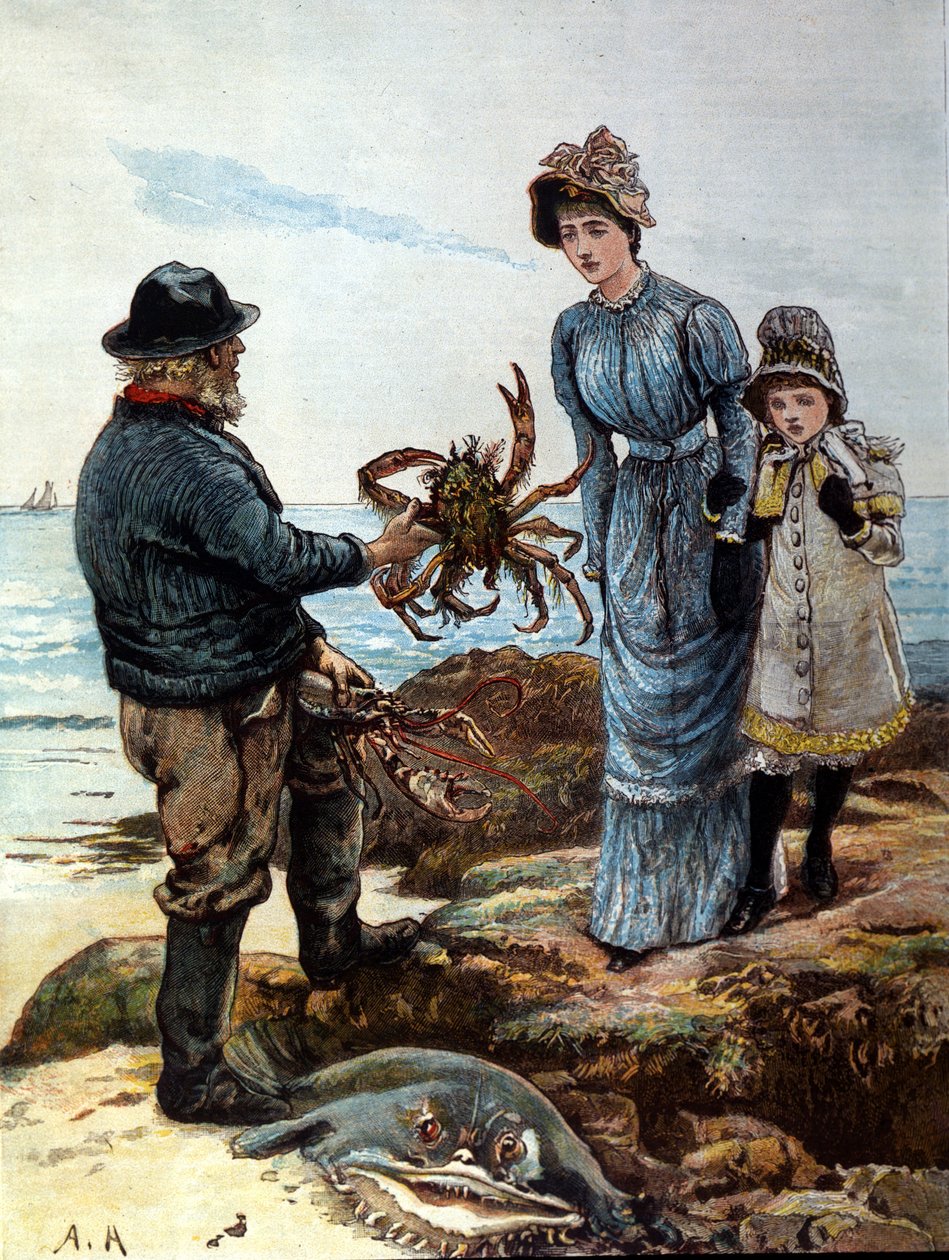 Rybak pokazuje mamie i córce dużego kraba. autorstwa Unknown artist
