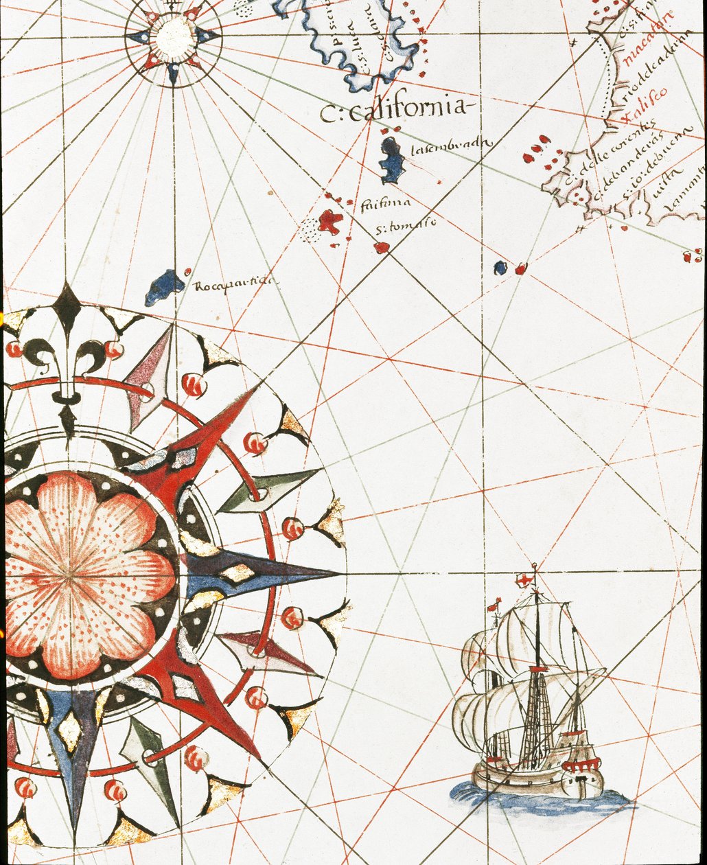 Galeon płynący u wybrzeży Kalifornii (szczegół portulańskiego Castellini autorstwa Unknown artist