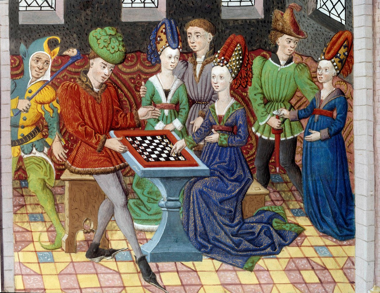 Gra w szachy pomiędzy dwoma dworzanami w zamkowej sali. Miniatura zaczerpnięta z „„Historii Aleksandra Wielkiego”” (lub Aleksandra III Macedońskiego (356-323 pne)) autorstwa Unknown artist