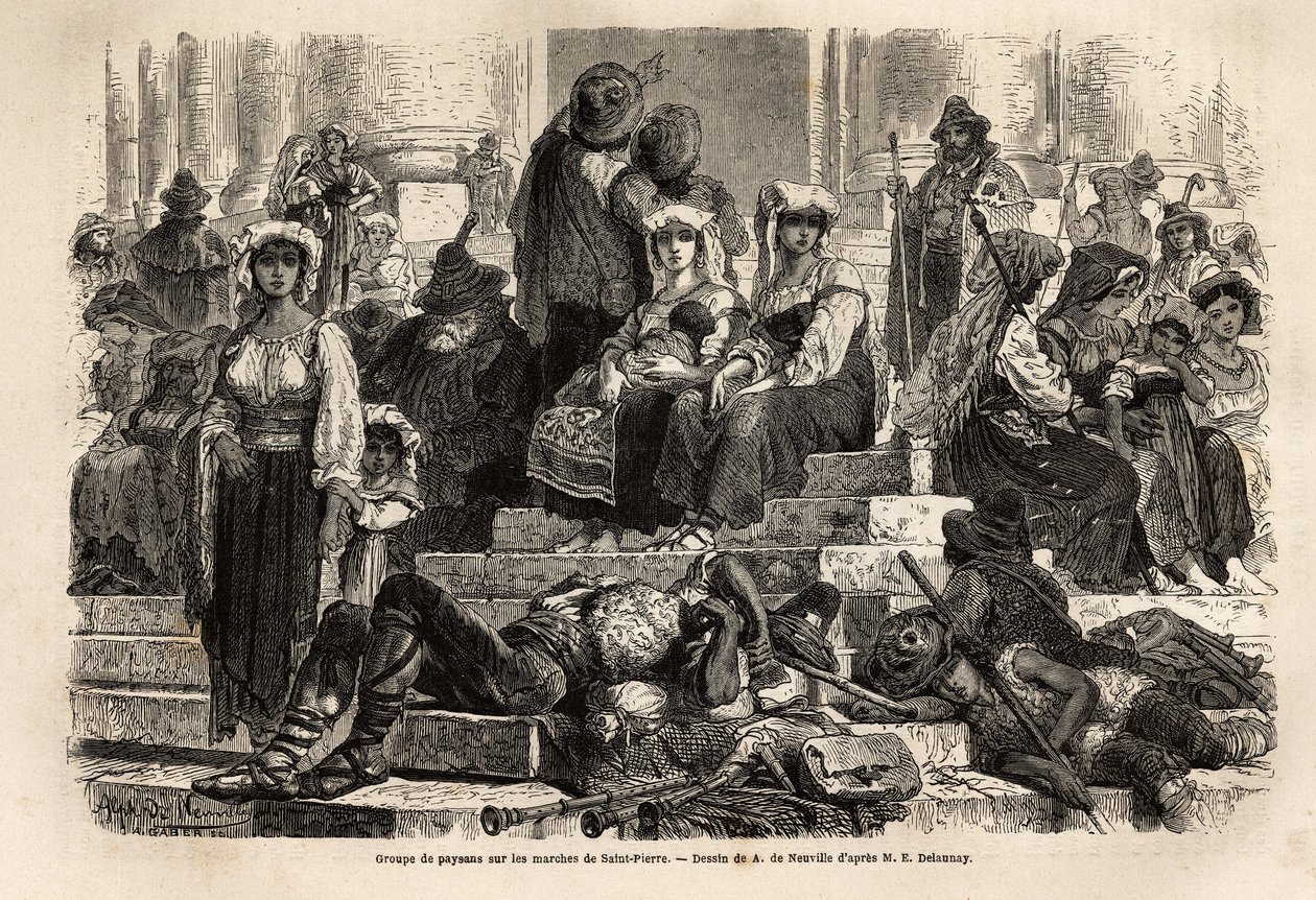 Grupa chłopów i pasterzy zbiera się na obchody Wielkiego Tygodnia na schodach św. Piotra w Watykanie. Grawer ilustrujący historię Wielkiego Tygodnia w Rzymie w 1863 r. autorstwa Ludovica Cellera w „Le tour du monde, nouveau journal des voyages”” autorstwa Unknown artist
