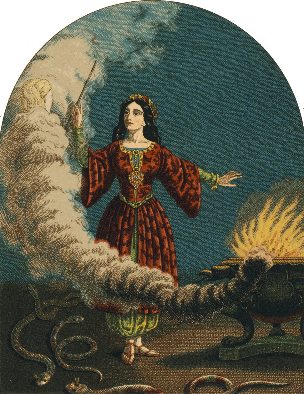 Czarodziejka (wiedźma) przygotowująca wypady za pomocą magicznej różdżki, kotła i węży. Grawerowanie z 1852 autorstwa Unknown artist