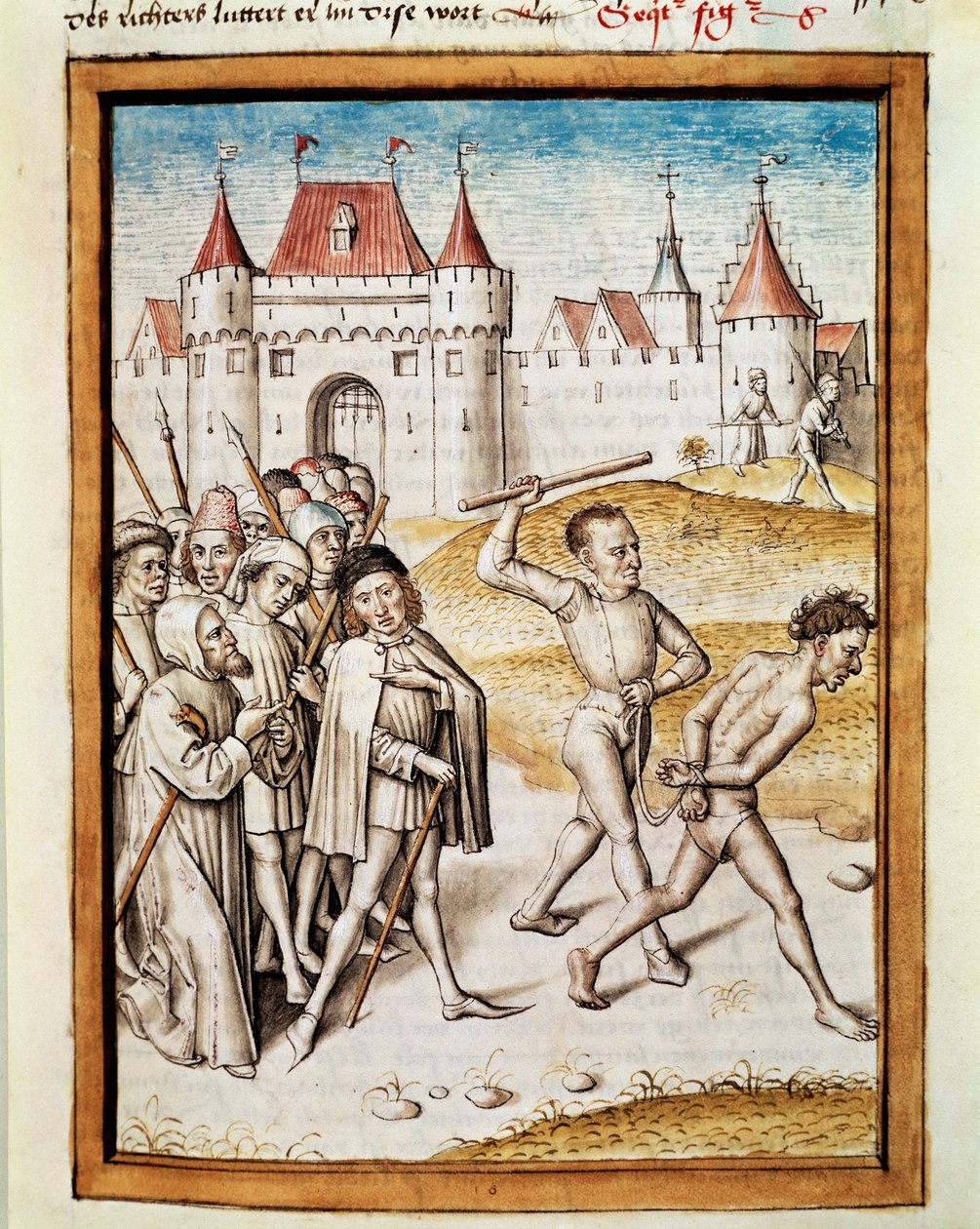 Z niemieckiego przekładu bajek Bidpai „Kalila (Calila) i Dimna” prowadzony jest mężczyzna na udrękę Miniatura. (ms. 1389, k. 16) około 1480 Chantilly, musee Conde autorstwa Unknown artist