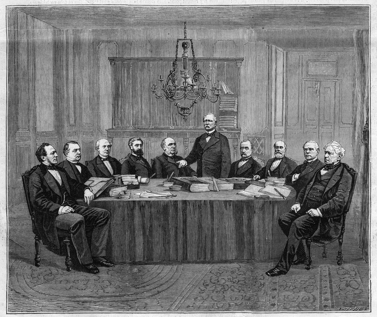 Spotkanie Rady Ministrów w Wersalu. Od lewej do prawej: Louis Buffet (1818-1898), minister spraw wewnętrznych; Leon Say (1826-1896), minister finansów; Henri Wallon (1812-1904), minister oświaty publicznej, kultu i sztuk pięknych; Alfred autorstwa Unknown artist