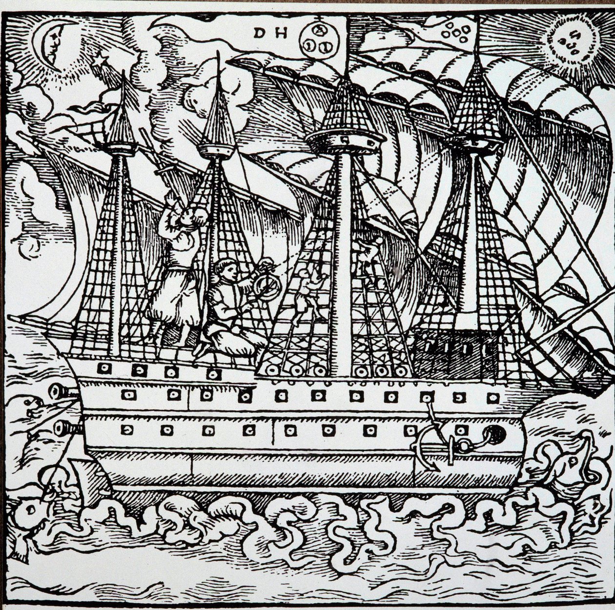 Nawigator na portugalskiej karaweli korzystający z astrolabium. Grawerowanie z opowieści podróżniczych niemieckiego żeglarza Hansa Stadena (1525-1579) autorstwa Unknown artist