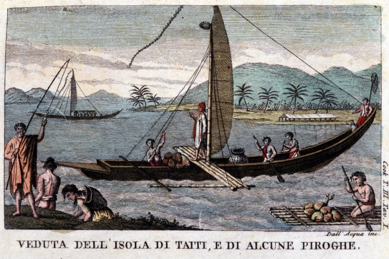 Polinezyjski kajak z huśtawką na Tahiti. Na pokładzie ładunek kokosów i owoców drzewa chlebowego. Litografia XIX wieku autorstwa Unknown artist
