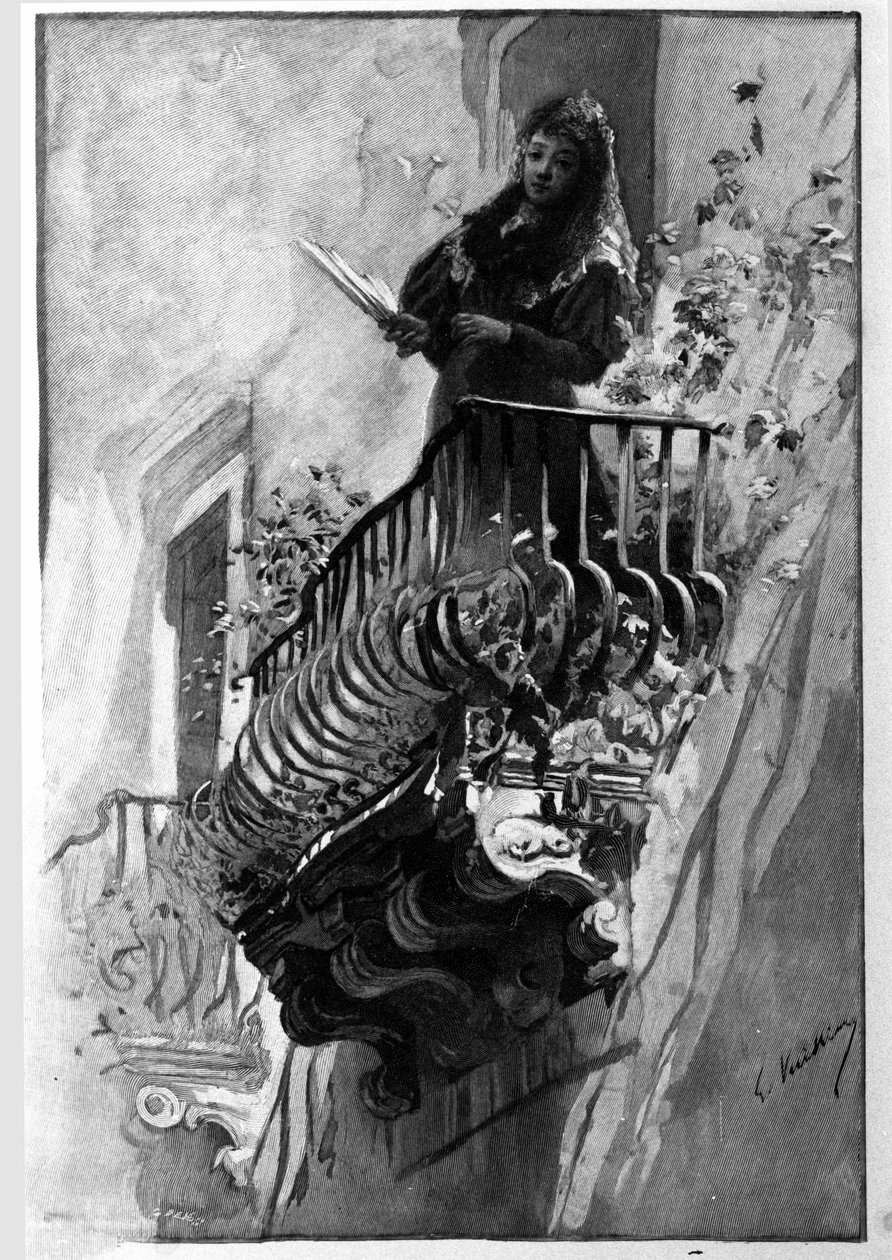 Ładna kobieta ma swój ukwiecony balkon pewnego letniego wieczoru w Syrakuzach. Grawer Sycylia z XIX wieku autorstwa Unknown artist