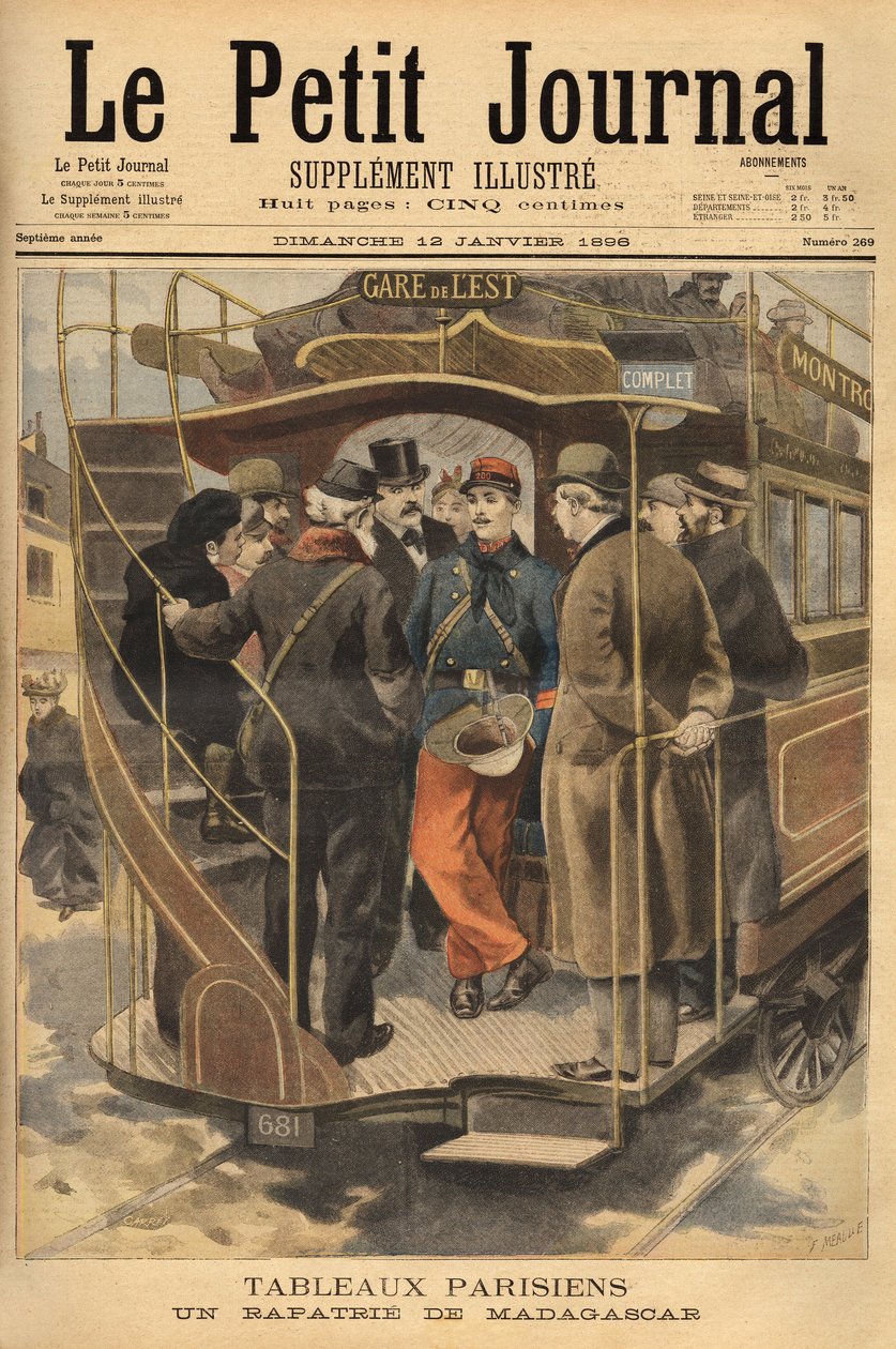 Repatriant z Madagaskaru na peronie omnibusowym w otoczeniu godnego podziwu tłumu. Grawerowanie w „”Le petit journal”” 26.01.201896. Kolekcja Selvy. autorstwa Unknown artist