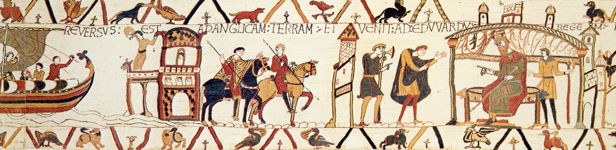 Scena z gobelinu z Bayeux przedstawiająca króla Edwarda rozmawiającego z Haroldem autorstwa Unknown artist