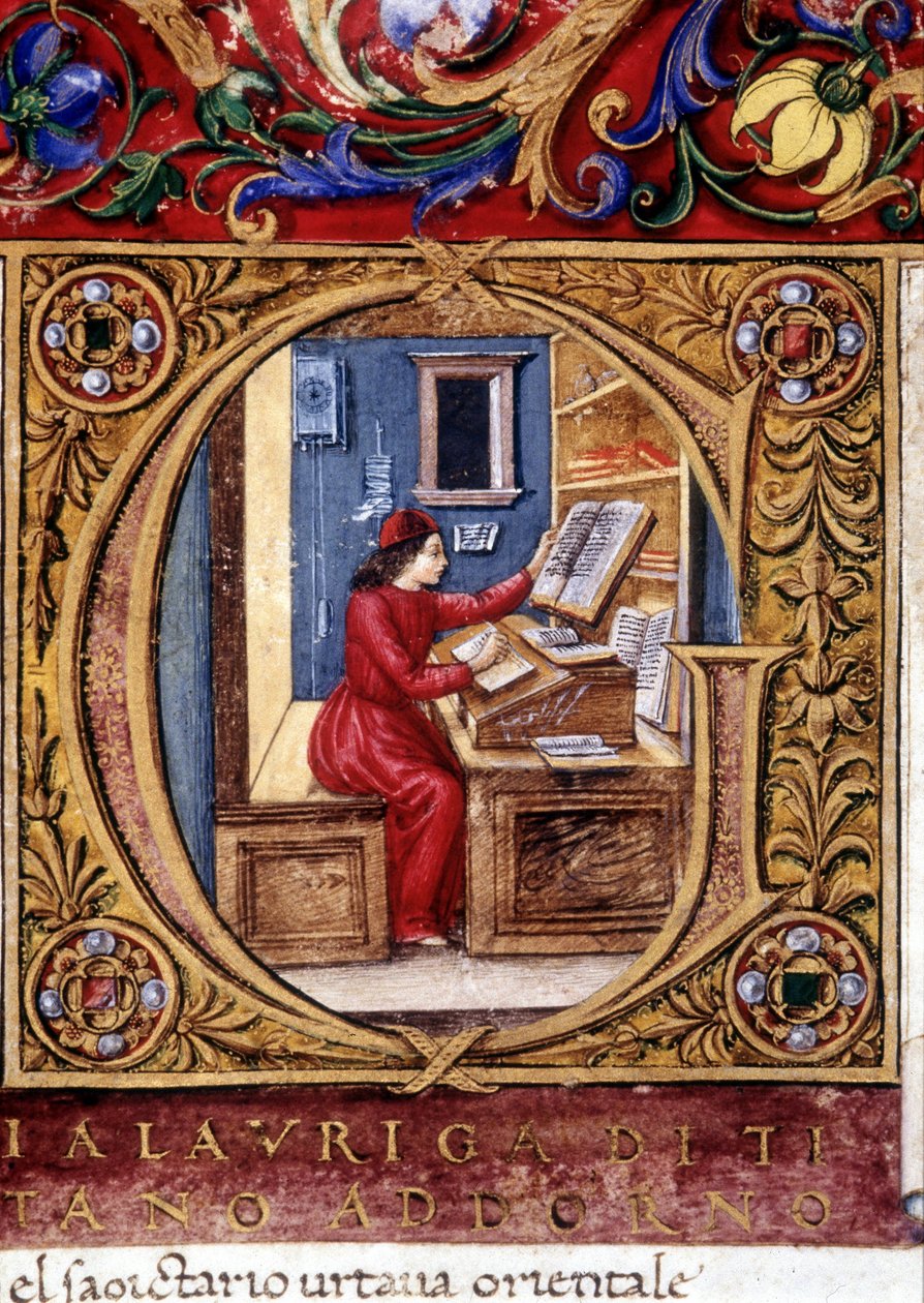 Uczony - na ścianie jedno z pierwszych przedstawień wahadła (litera „g”). Rękopis z XV wieku. autorstwa Unknown artist