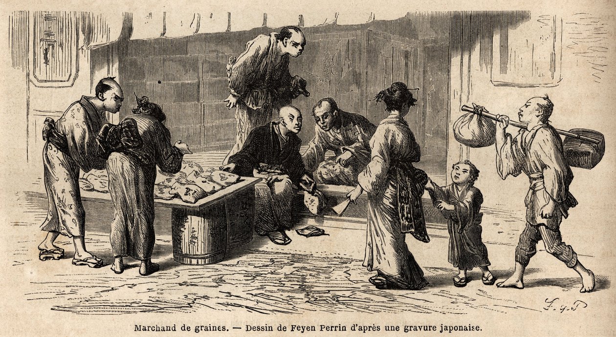 Sprzedawca nasion na środku ulicy. Rycina ilustrująca podróż do Japonii w latach 1863-1864, autorstwa Aime Humberta, ministra Konfederacji Szwajcarskiej, w „Le tour du monde, nouveau journal des voyages” wydanej pod kierunkiem Edouarda Chartona autorstwa Unknown artist