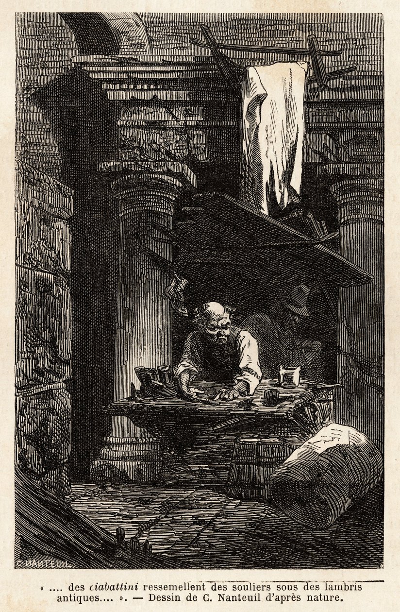 Szewc, który założył swój sklep i pracuje w starożytnych ruinach. Engravure pour illustrrer le voyage à Rome, Francis Wey, w latach 1864-1868, opublikowany w „Le tour du monde”” 1869, pod redakcją Edouarda Chartona, wyd. Hachette, Paryż. Kolekcja Selva. autorstwa Unknown artist
