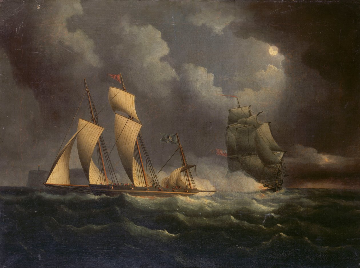 Przemytniczy lugger ścigany przez bryg, ok. 1825 r. (olej na płótnie) autorstwa Unknown artist