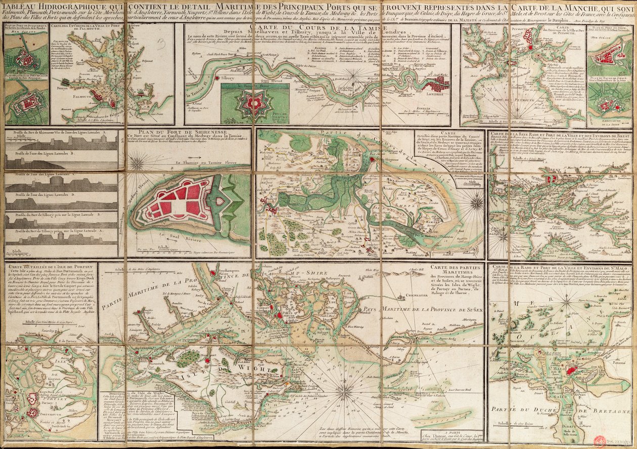 Tabela zawierająca szczegóły głównych portów morskich przedstawionych na mapie kanału La Manche, ok. 1780 r. (papier, płótno) autorstwa Unknown artist