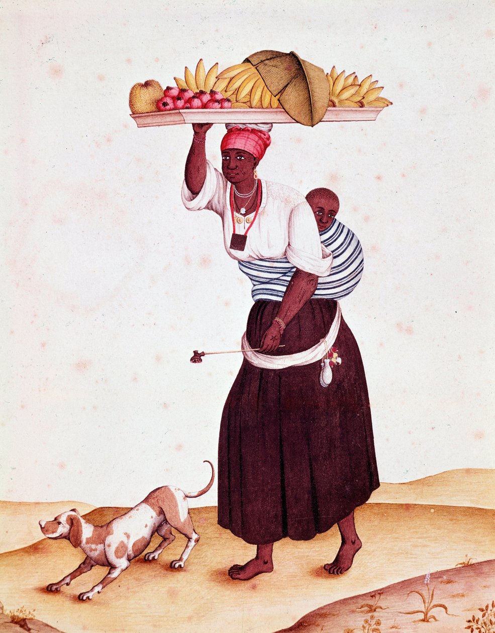 Podróżująca handlarz owocami po Bresilii, nosi swoje dziecko za plecami. Akwarela z XVIII wieku. Rio de Janeiro, Biblioteka Narodowa autorstwa Unknown artist