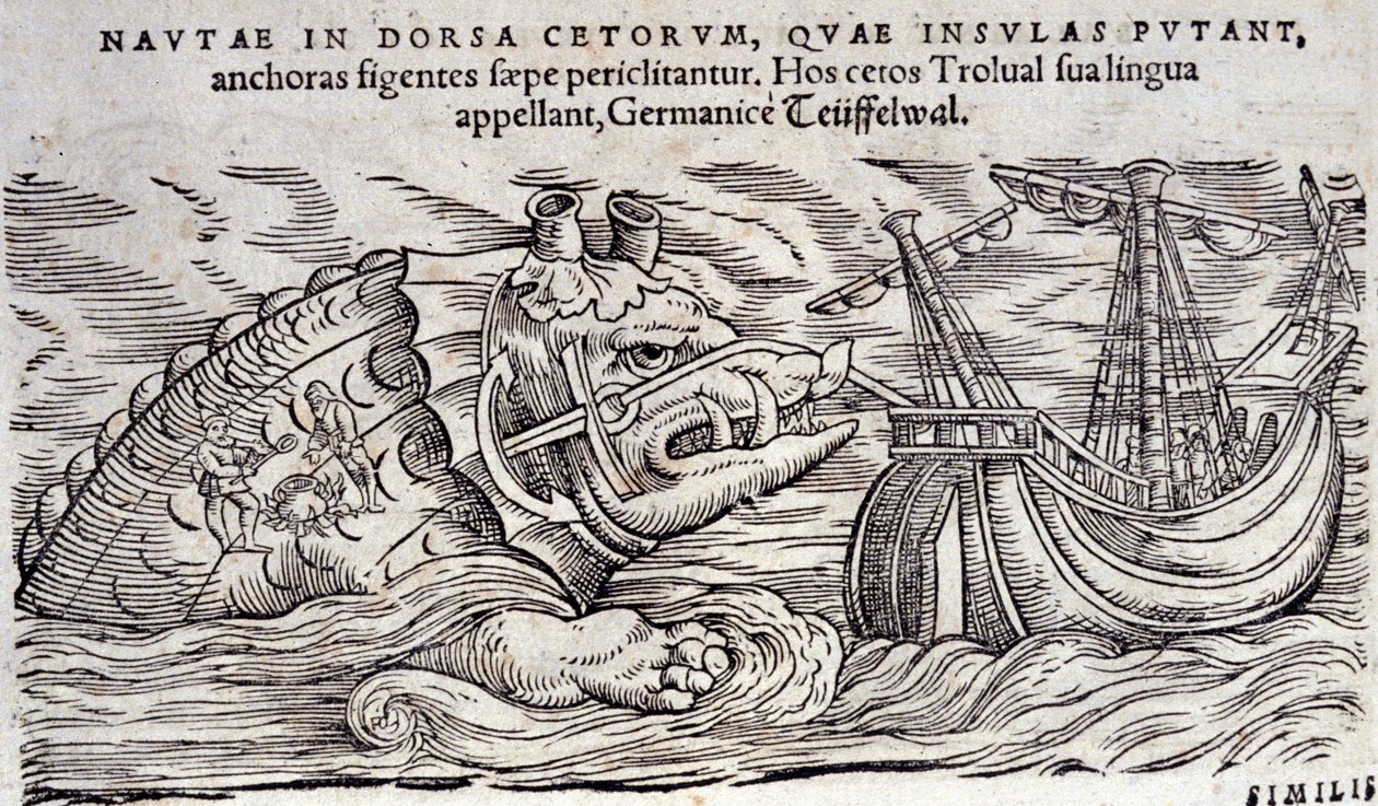 Wieloryb pomylony z wyspą. Dwie osoby rozpalają ogień na grzbiecie morskiego potwora. Grawerowanie i Historia Animalium autorstwa Conrada Gessnera (1516-1565), Tiguri autorstwa Unknown artist