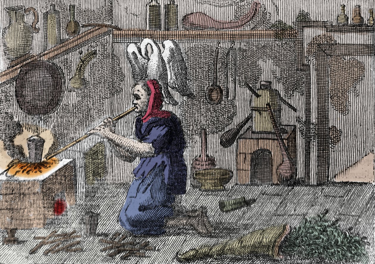 Wiedźma w swoim laboratorium przygotowująca magiczny eliksir, prosto z rogu wypełnionego magicznymi ziołami. Grawerowanie z XVI wieku autorstwa Unknown artist