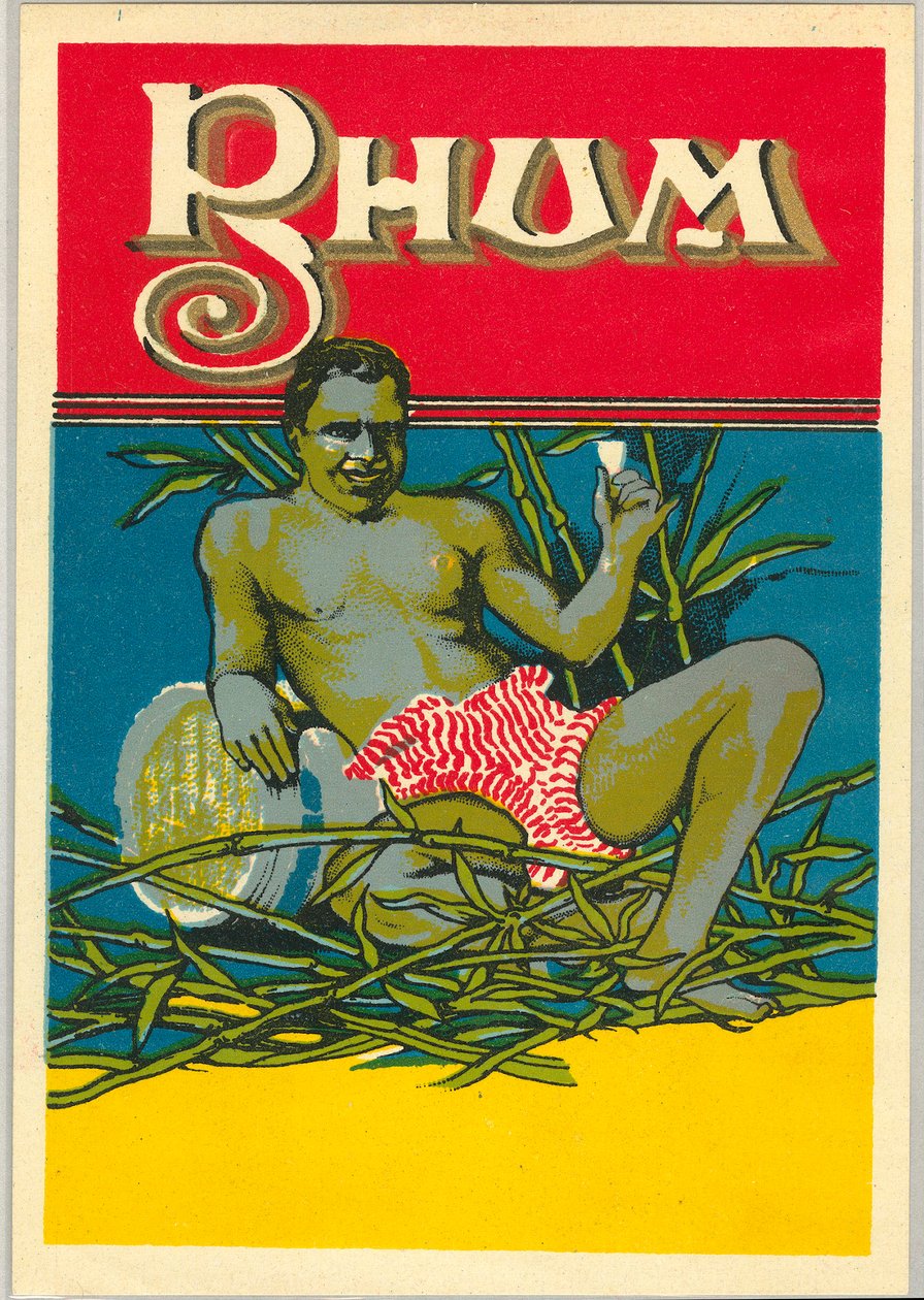 Młody czarnoskóry mężczyzna nagi, trzymający szklankę rumu (reklama) (Chromolitografia) autorstwa Unknown artist