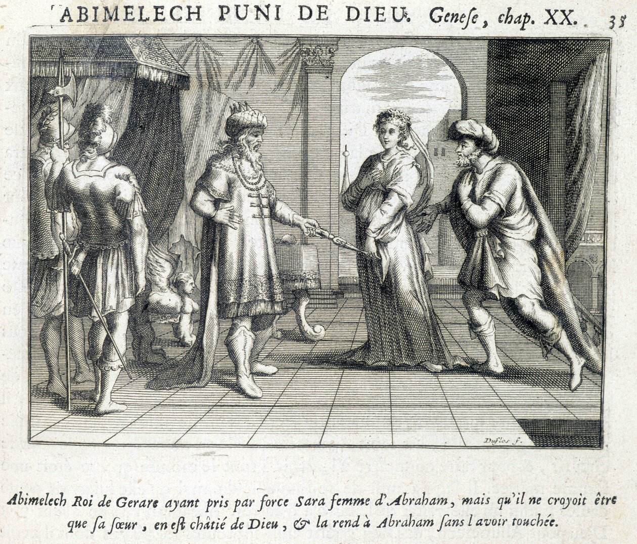 Abimelech daje Sarę Abrahamowi - Biblia, rycina autorstwa Unknown artist