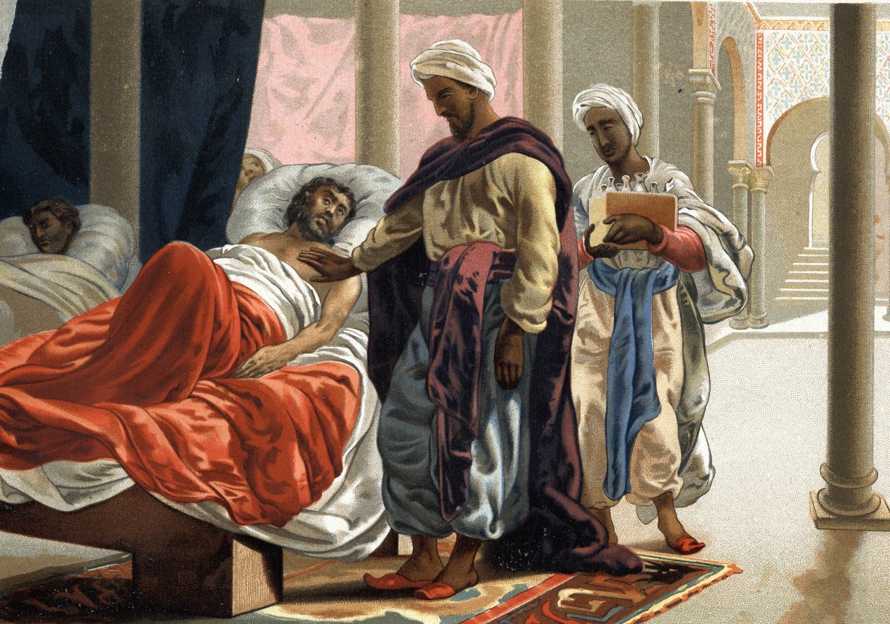 Abulcasis (Abul Qasim ibn Khalaf al-Abbas al-Zahrawi (936 - 1013 ne) opiekujący się chorym w Hiszpanii około roku 1000. według „La Ciencia y sus Hombres” Louisa Figuiera. Barcelona 1881 autorstwa Unknown artist