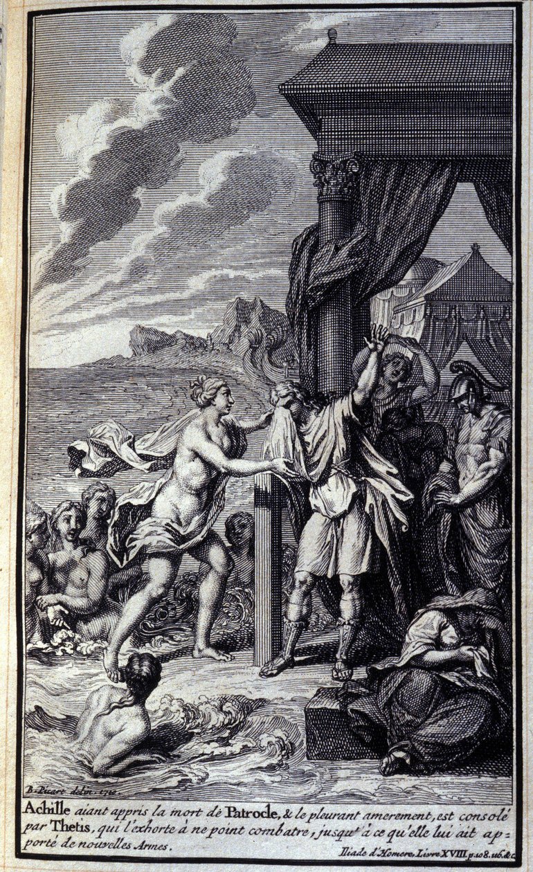 Achilles, słysząc o śmierci Patroklesa i gorzko go płacząc, jest pocieszany przez Tetydę, która nakłania go do zaprzestania walki, dopóki nie przyniesie mu nowej broni. Ilustracja księgi XVIII Iliady Homera, wydanie francuskie autorstwa Unknown artist
