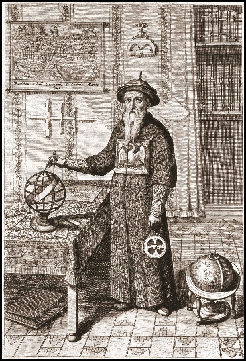 Adam Schall, astronom (1592-1666) w stroju mandarynki, z kulami ziemskimi i niebieskimi oraz astrolabium - w „Chiny” Athanase Kircher (lub Athanasius Kircheri) autorstwa Unknown artist