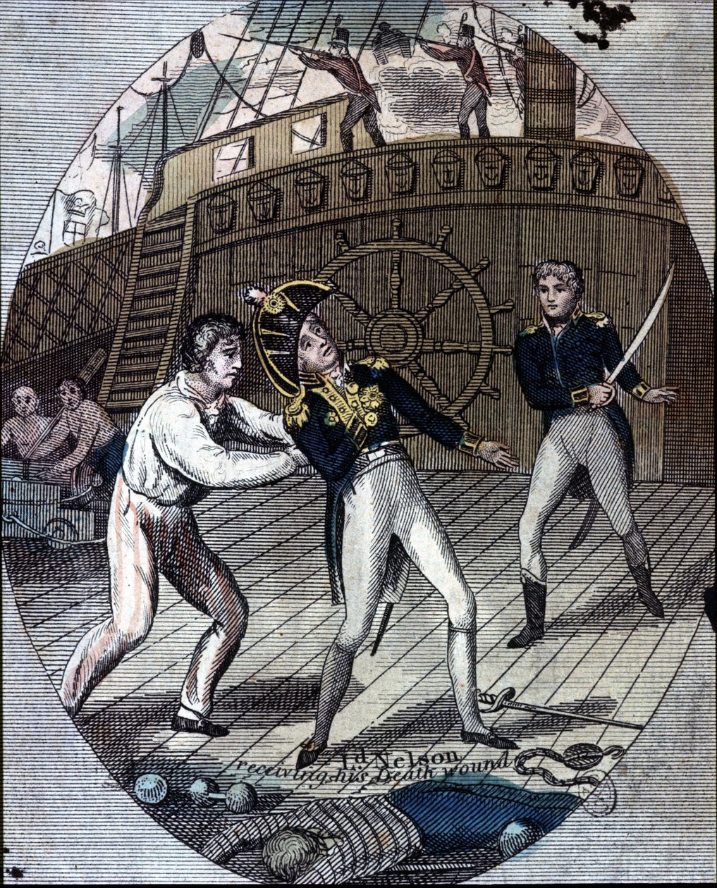 Śmierć admirała Nelsona w bitwie pod Trafalgarem na pokładzie jego statku „Victory” (21 października) autorstwa Unknown artist