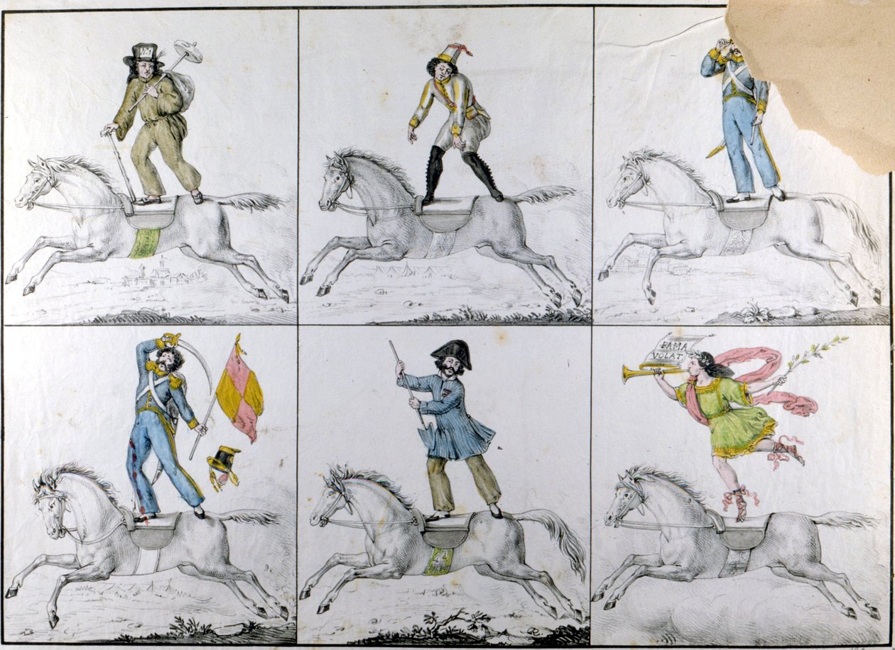Akrobacje: ćwiczenia akrobatyczne na koniu. Rytownictwo autorstwa Unknown artist
