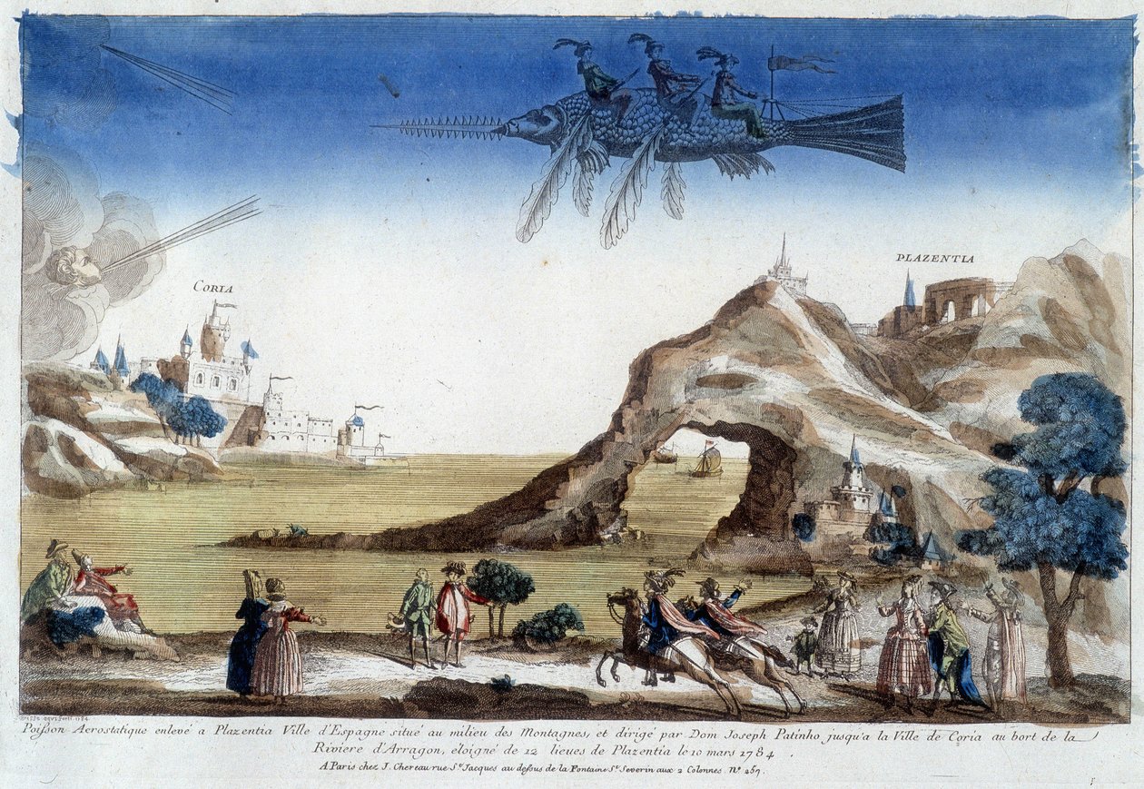 Aerostatyczne ryby hodowane w Plazentia w Hiszpanii, kierowane przez Dom Josepha Patinho, lecące do miasta Coria nad brzegiem rzeki Arragon (12 lig od Plazentii) 10 marca autorstwa Unknown artist