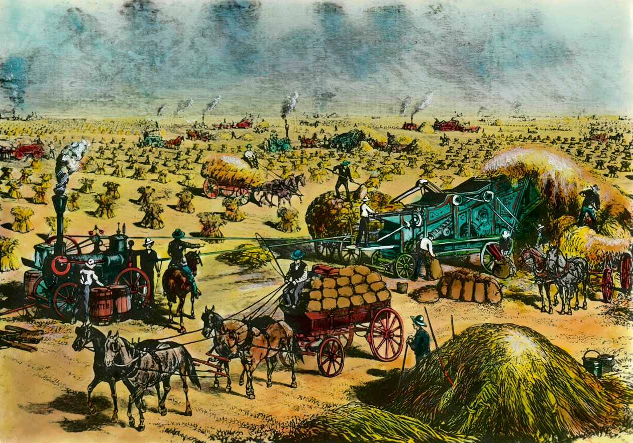 Rewolucja w rolnictwie: zbiory pszenicy w Dakocie maszynami parowymi w XIX wieku. Rycina XIX wieku. Paryż, Sztuka Dekoracyjna autorstwa Unknown artist