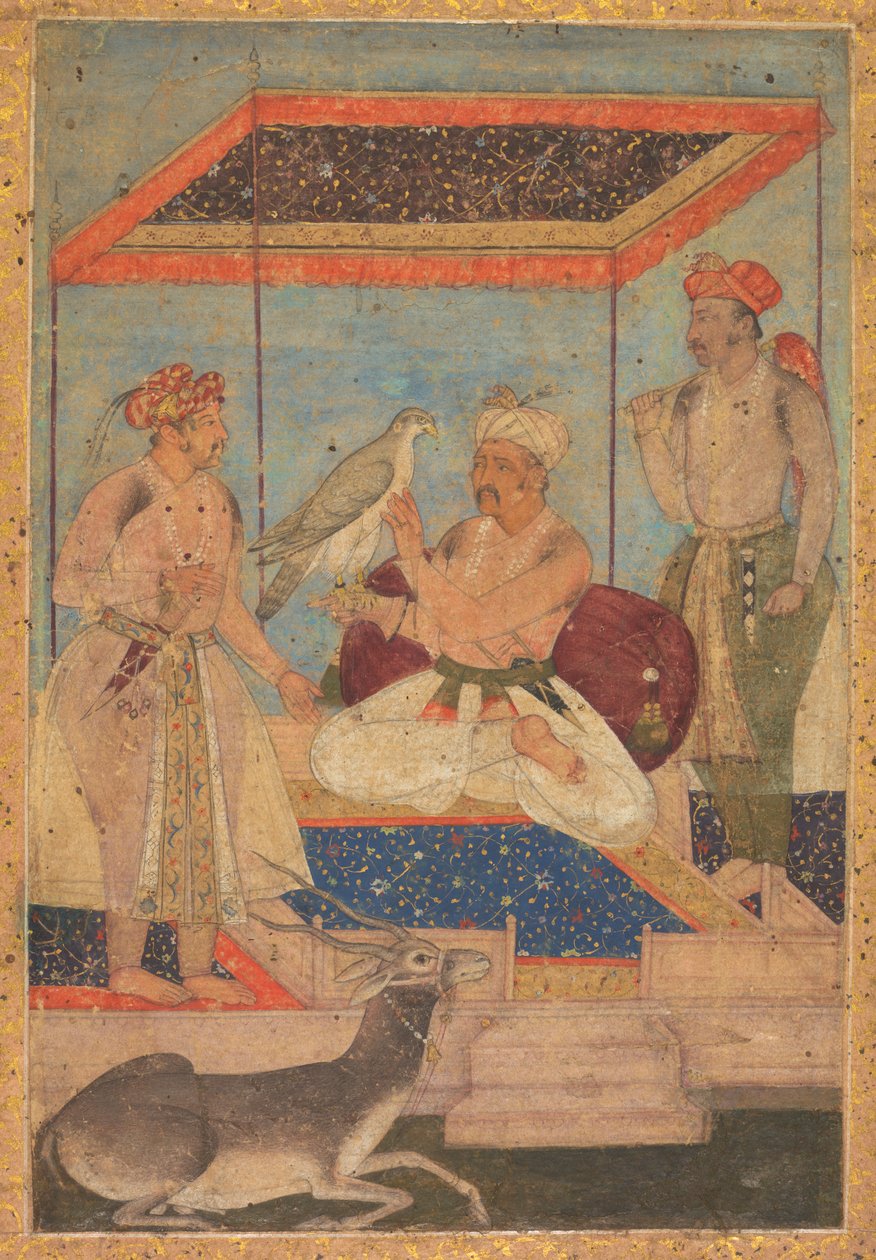 Akbar i Jahangir badają sokoła Ghir, podczas gdy za nim stoi książę Khusrau autorstwa Unknown artist