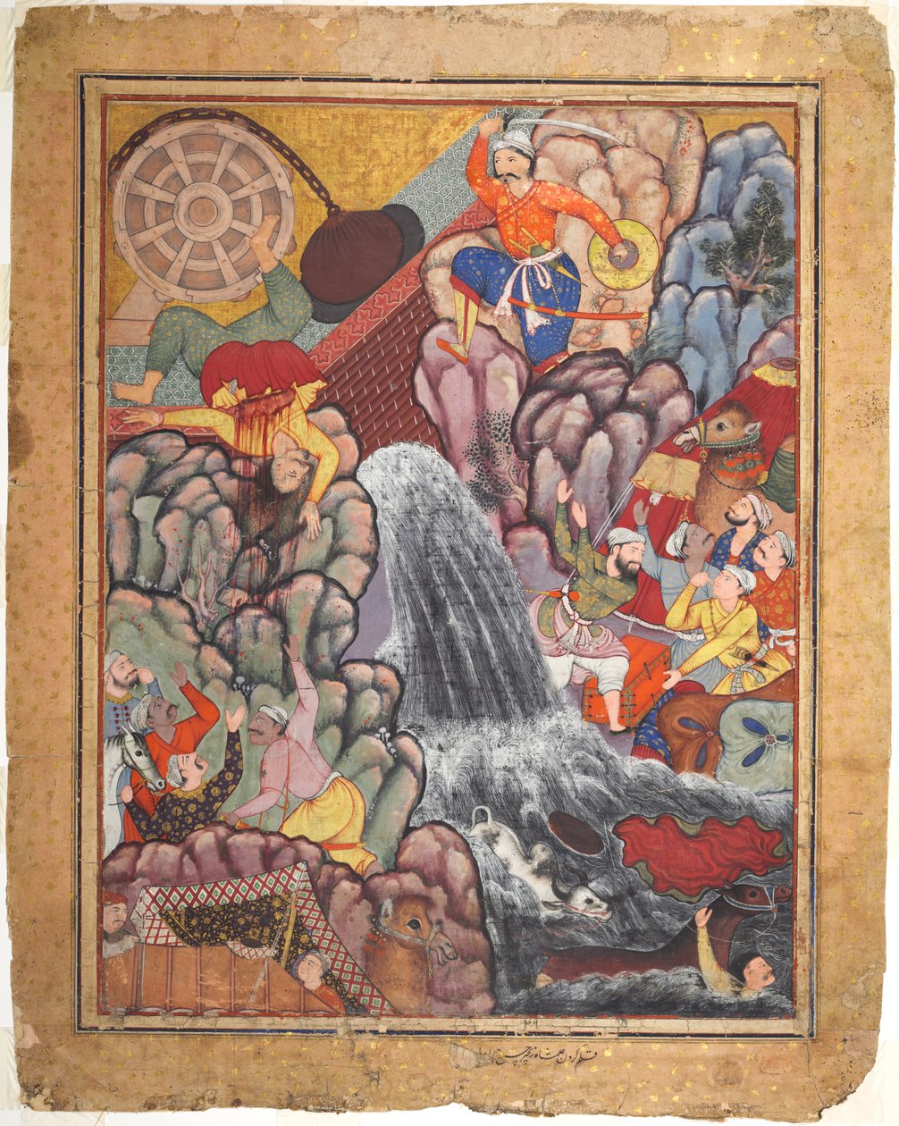 Alamshah rozrywający łańcuch koła, z tomu 11 Hamza-nama (Przygody Hamzy) autorstwa Unknown artist