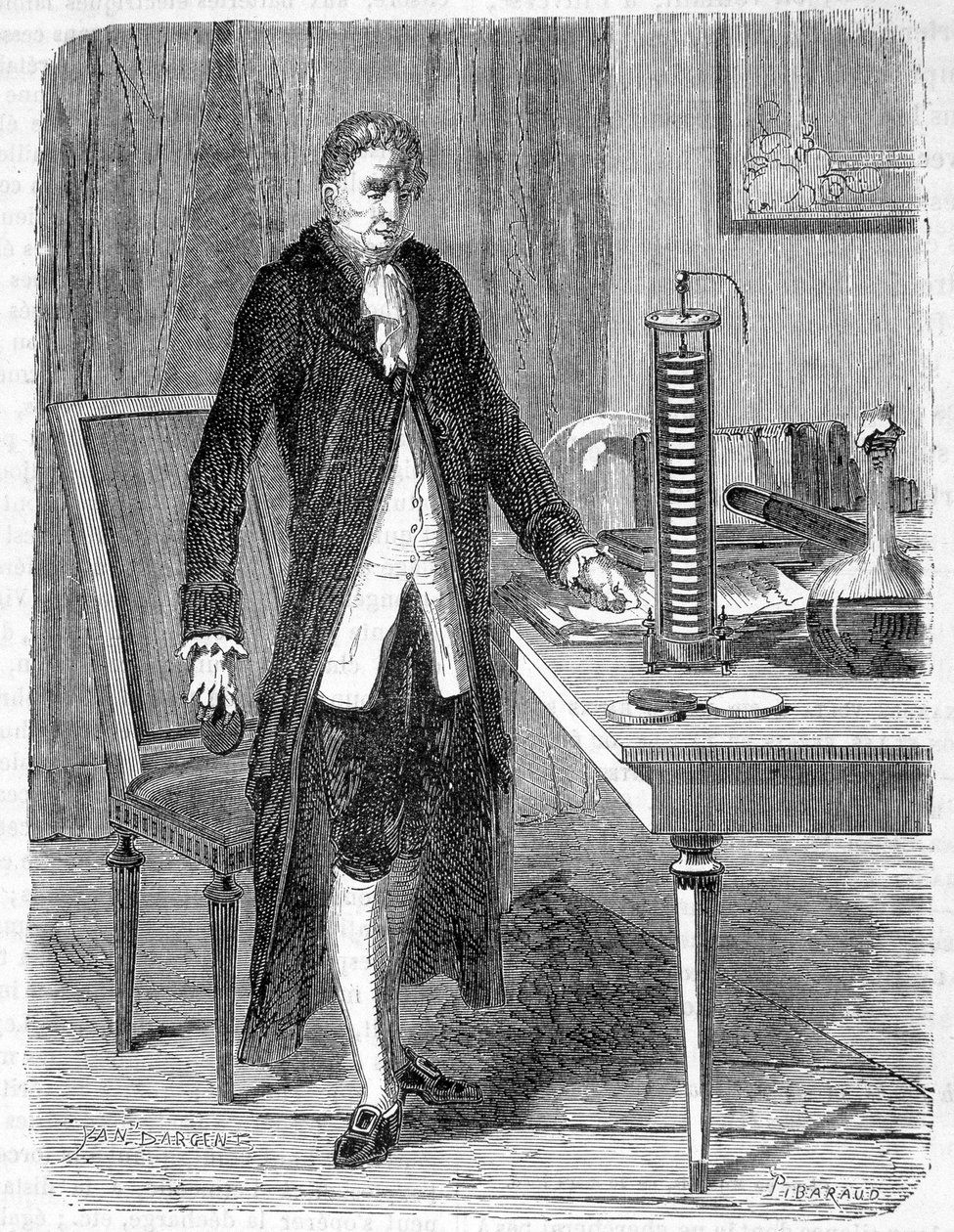 Alessandro (Alexandre) Volta zbudował w 1799 r. silnik elektryczny lub akumulator elektryczny - grawer autorstwa Unknown artist