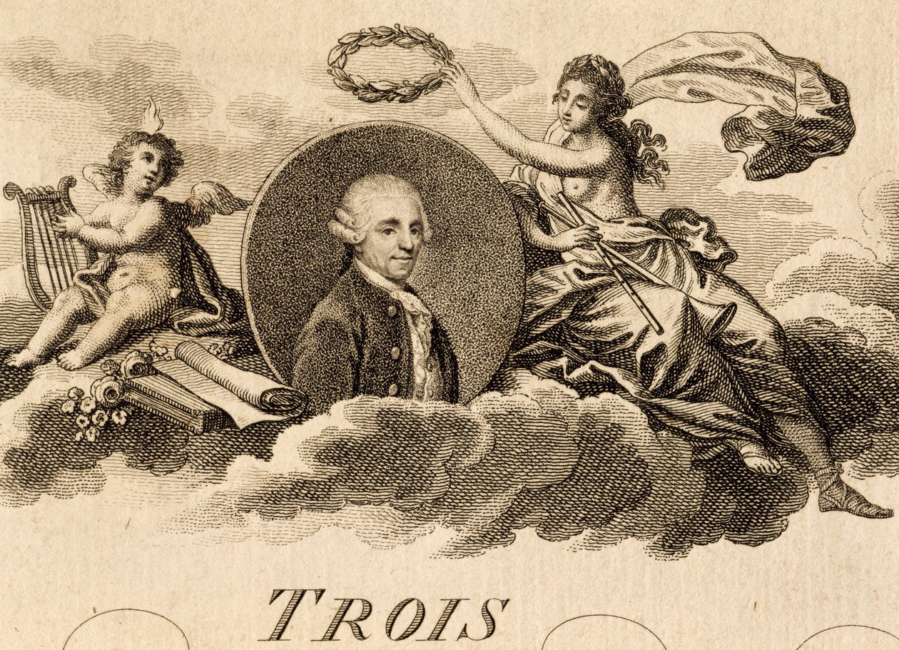 Alegoria Franza Josepha Haydna (1732-1809) na stronie tytułowej partytury Trzech kwartetów, Opus 75, Księga I autorstwa Unknown artist