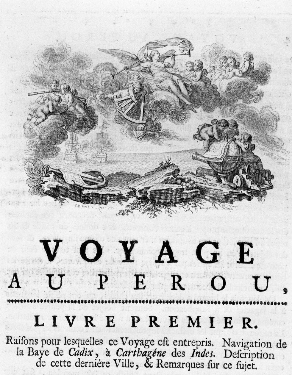 Alegoria „Podróży do Peru””. Ilustracja w „Historical Journey of America Meridionale made by Order of the King of Spain””, autorstwa Don Georges Juan i Don Antoine de Ulloa, Librairie du Roi, Paryż autorstwa Unknown artist