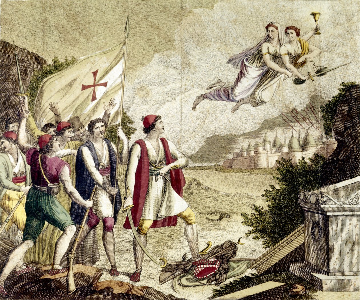 Alegoria przebudzenia nacjonalistycznego poczucia Grecji pod panowaniem osmańskim, które doprowadziło do greckiej wojny o niepodległość (1821-1830) lub greckiej rewolucji. autorstwa Unknown artist